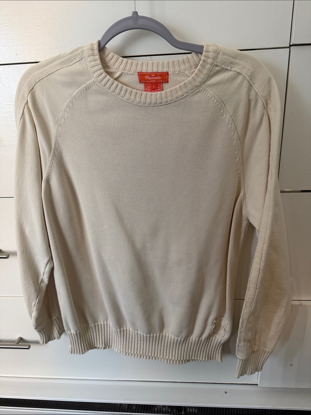 Falconnable Cream Crewneck 100% Cotton French Sweater, Frayed trims, Luxury